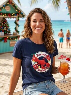Nautical Lobster Graphic T-Shirt Women’s L Navy Blue Beach Coastal Tee